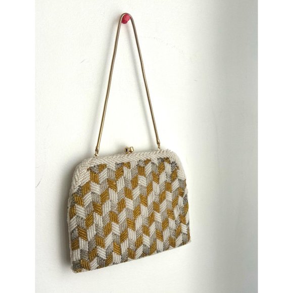 Vintage White, Gold and Silver Small Beaded Evening Bag - Picture 3 of 5